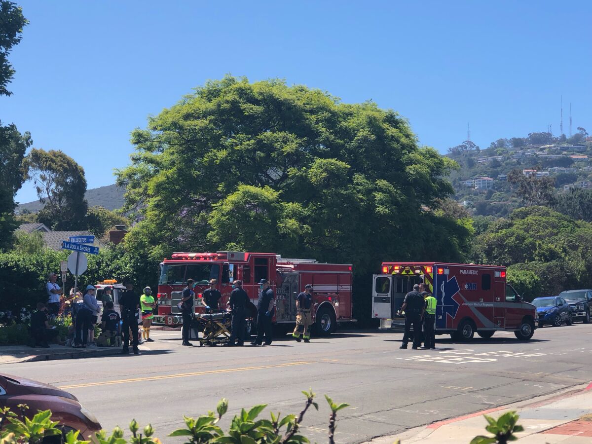 Fire crews respond to a June 13 crash involving a vehicle and three pedestrians at La Jolla Shores Drive and Vallecitos.
