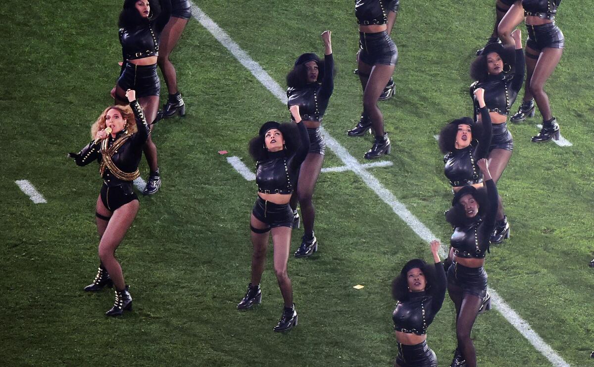 Beyonce and her dancers perform at the Super Bowl.