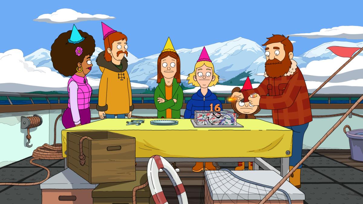 A group of people wearing party hats celebrates a birthday on a boat in Fox's animated "The Great North."
