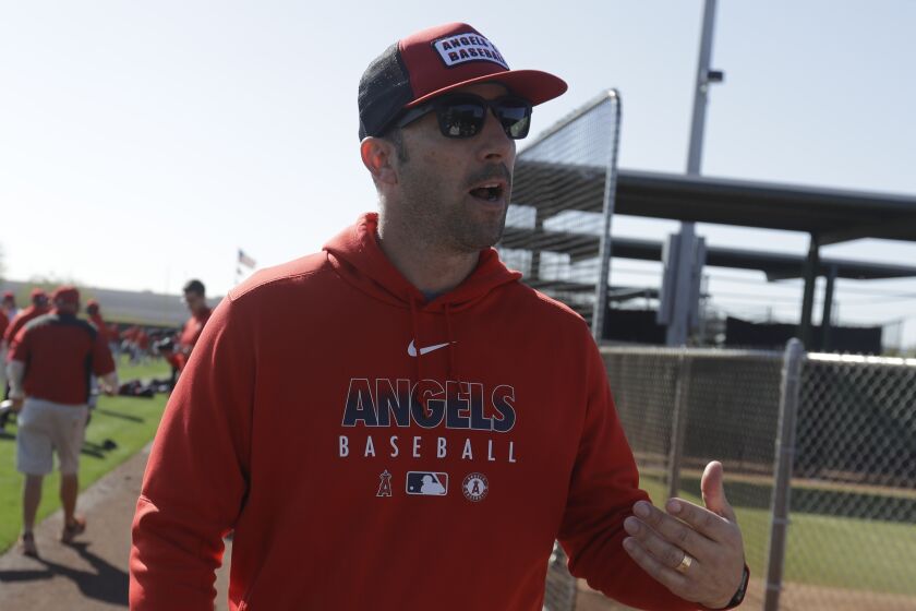 Los Angeles Angels general manager Billy Eppler watches during spring training.
