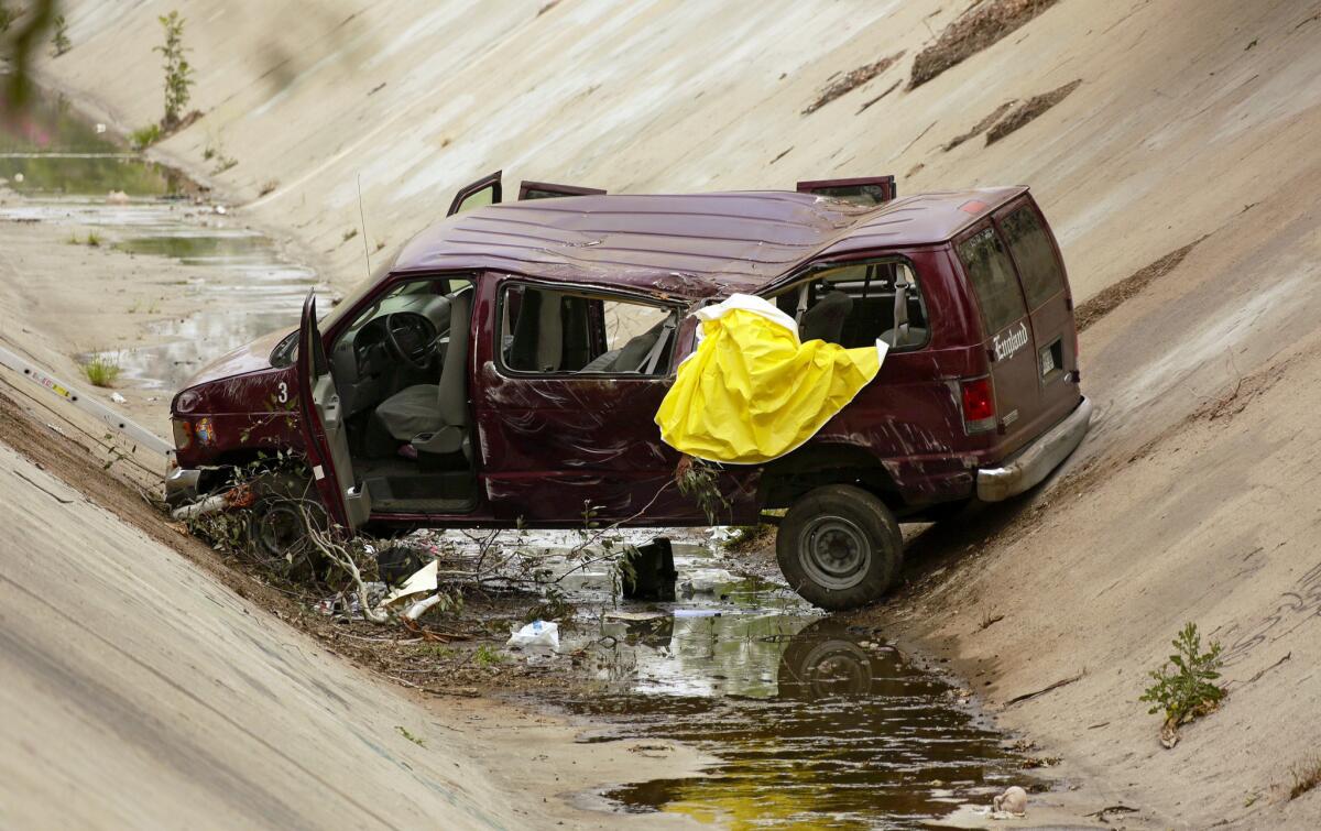 One person died and several others were injured when a van crashed off the 10 Freeway and rolled into a drainage ditch near Cedar Avenue in Fontana on Thursday morning.