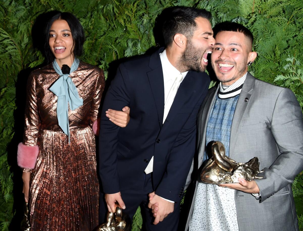 The winners of the 2015 CFDA/Vogue Fashion award are, from left, Aurora James of Brother Vellies, Jonathan Simkhai and Gypsy Sports' Rio Uribe. This is the first time in the program's 12-year history three winners were chosen instead of one.