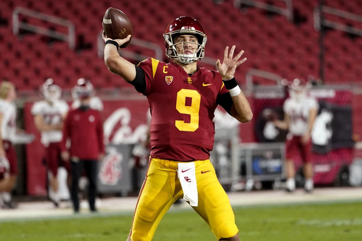 USC quarterback Kedon Slovis throws a touchdown pass.