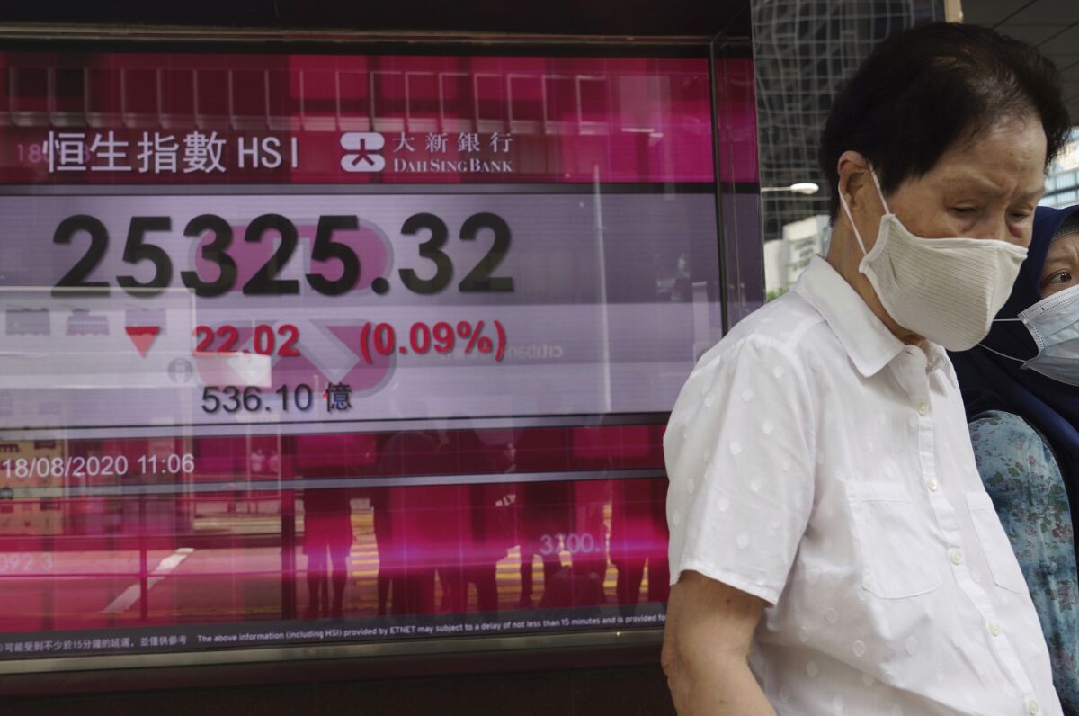 A man wearing a face mask walks past a bank's electronic board showing the Hong Kong share index at Hong Kong Stock Exchange Tuesday, Aug. 18, 2020. Shares were mixed in Asia on Tuesday, after buying of technology stocks nudged the S&P 500 closer to the record high it set in February before the pandemic crunched the global economy. (AP Photo/Vincent Yu)
