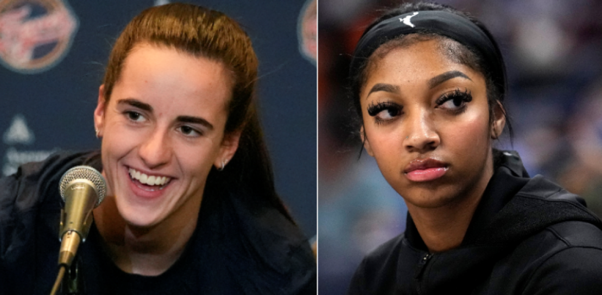 Fever's Caitlin Clark, left, and Chicago Sky's Angel Reese are shown in a close-up split image