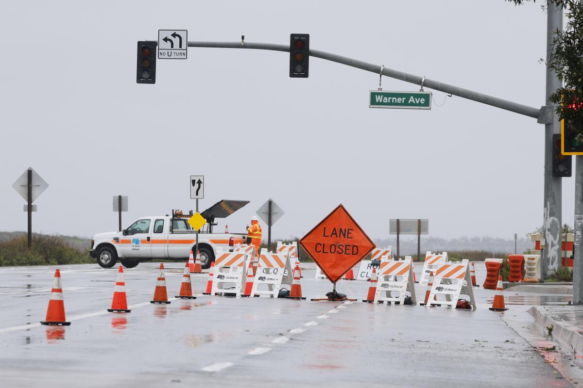 The southbound lanes of Pacific Coast Highway from Warner Avenue to Seapointe Street, closed due to flooding.