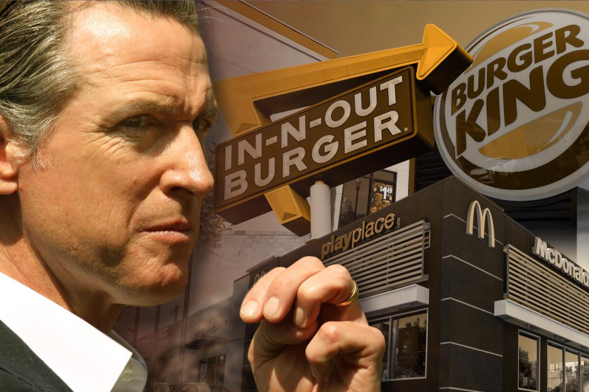 An illustration of Gov. Gavin Newsom with fast-food restaurants