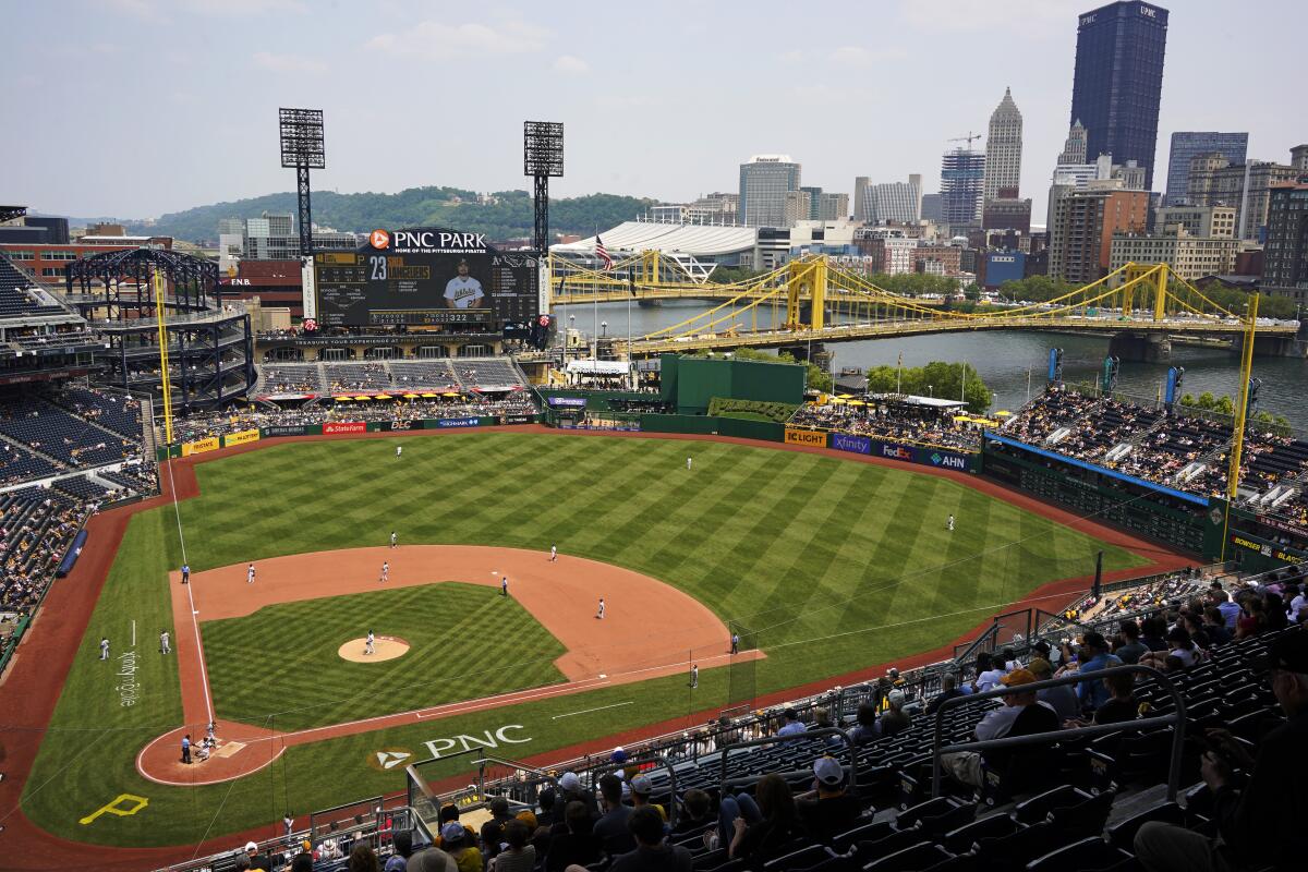 Haze hangs over PNC Park during a baseball game between the Pittsburgh Pirates and the Oakland Athletics