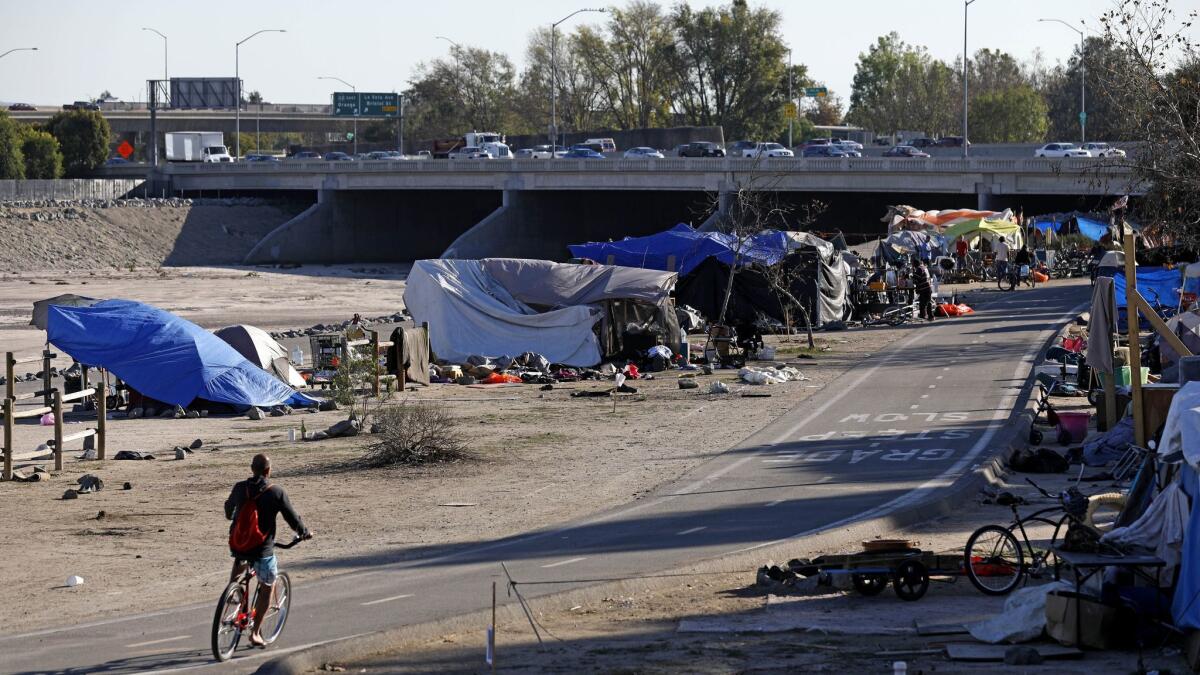 A homeless encampment along the Santa Ana River in Anaheim, Calif., on Jan. 22, 2018. 