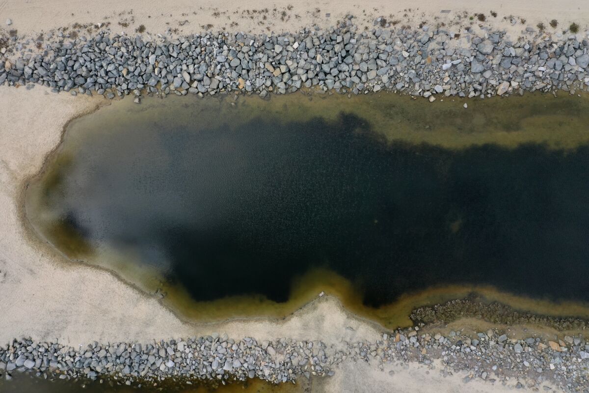 An aerial view of oil between jetties