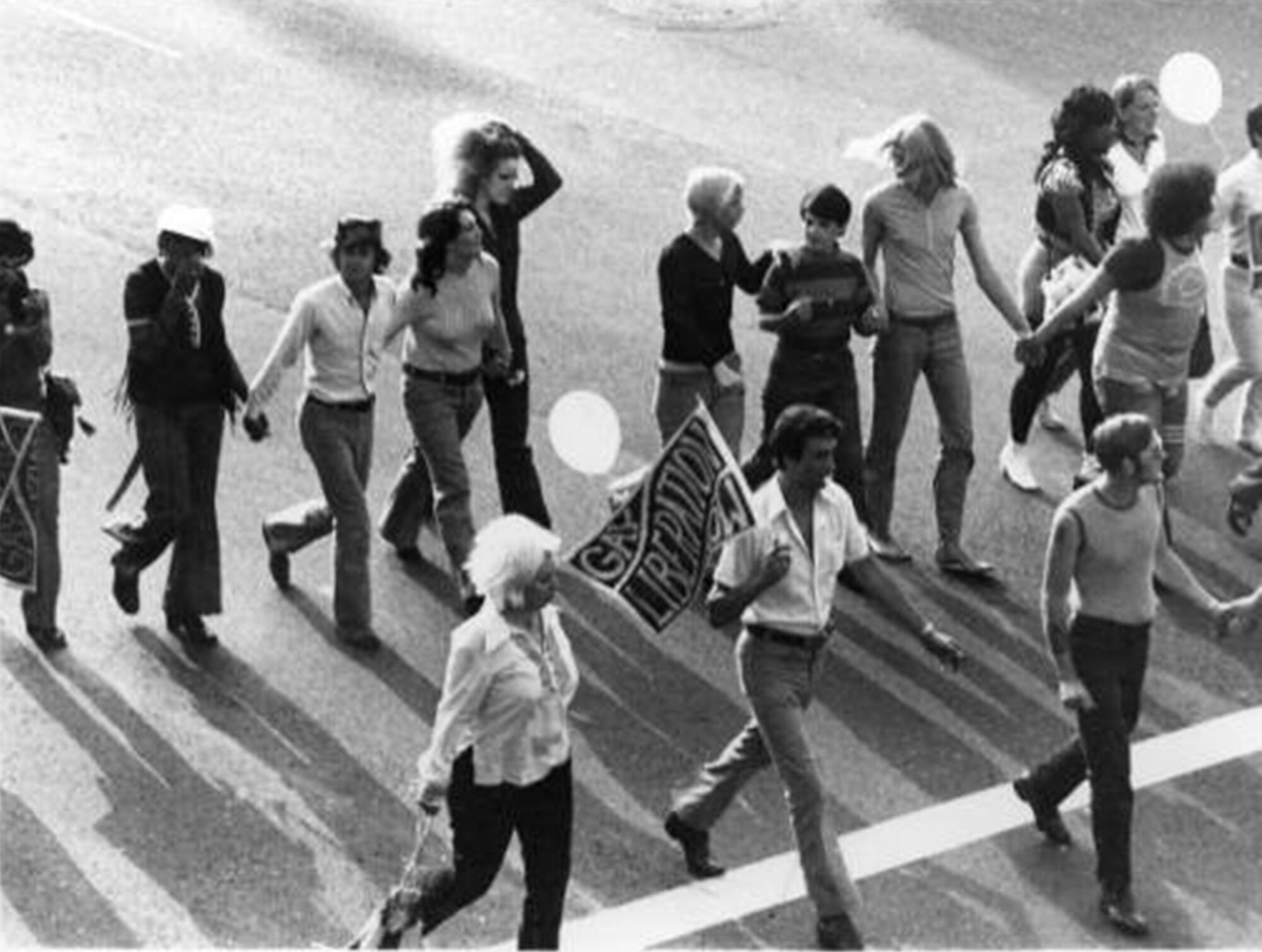 Gay Liberation Front contingent at the Los Angeles Christopher Street West pride parade in 1970.