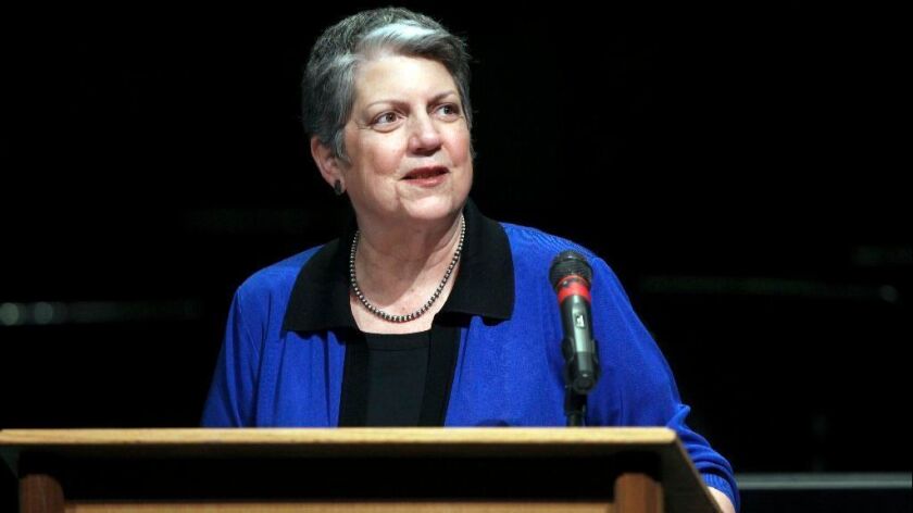 University of California President Janet Napolitano is shown in this April 29, 2016, file photo speaking at Shasta College in Redding.