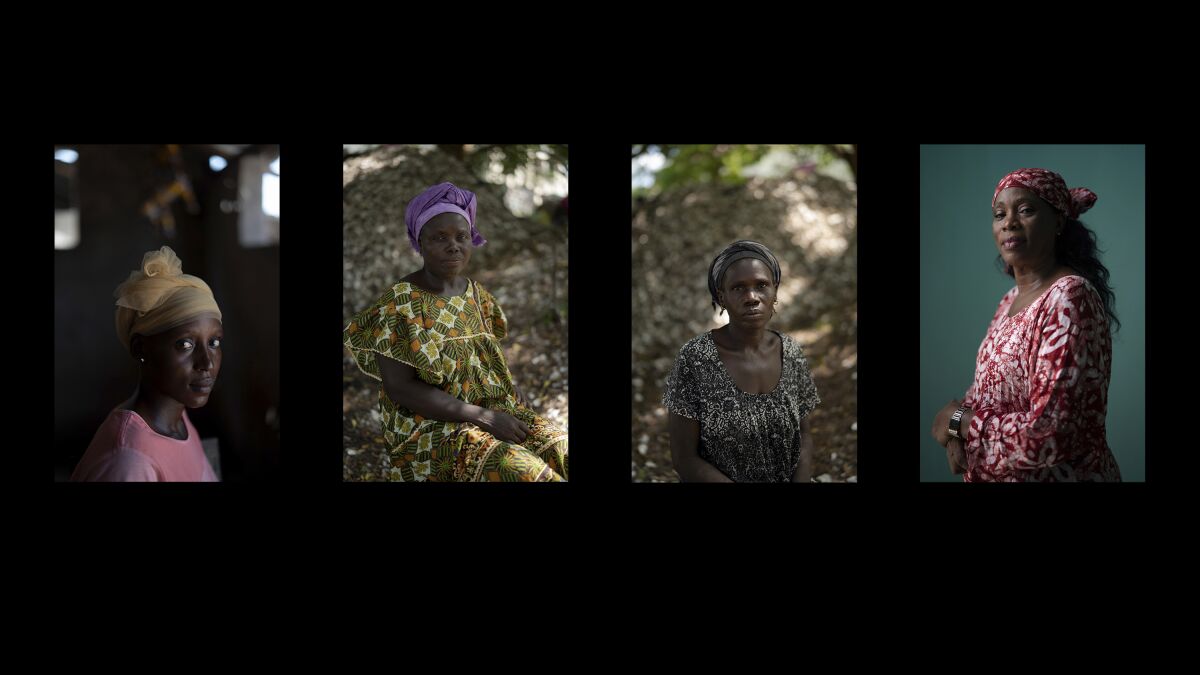 This four pictures combo shows, from left, Lama Mballow, Anta Sambou, Lucy Jarju and Fatou Janha Mboob, photographed in Serrekunda and Bansang, Gambia. (AP Photo/Leo Correa)