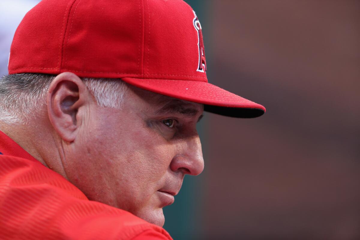 Angels Manager Mike Scioscia looks on during the first inning of a game against the Athletics.