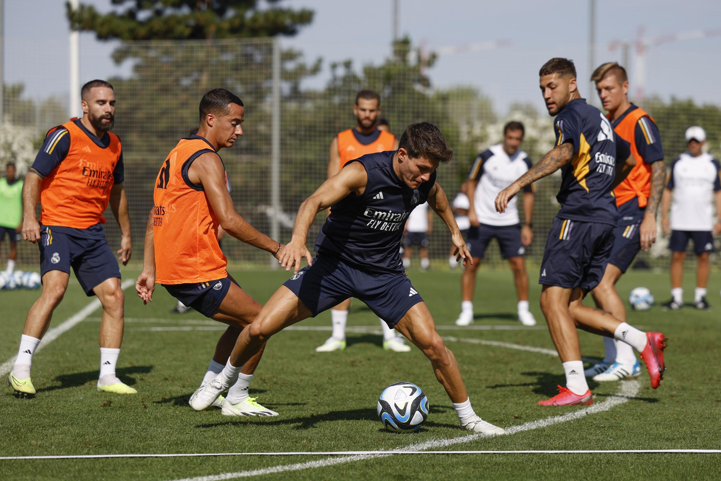 Real Madrid left back Fran García controls the ball during a recent training session with his teammates in Spain.