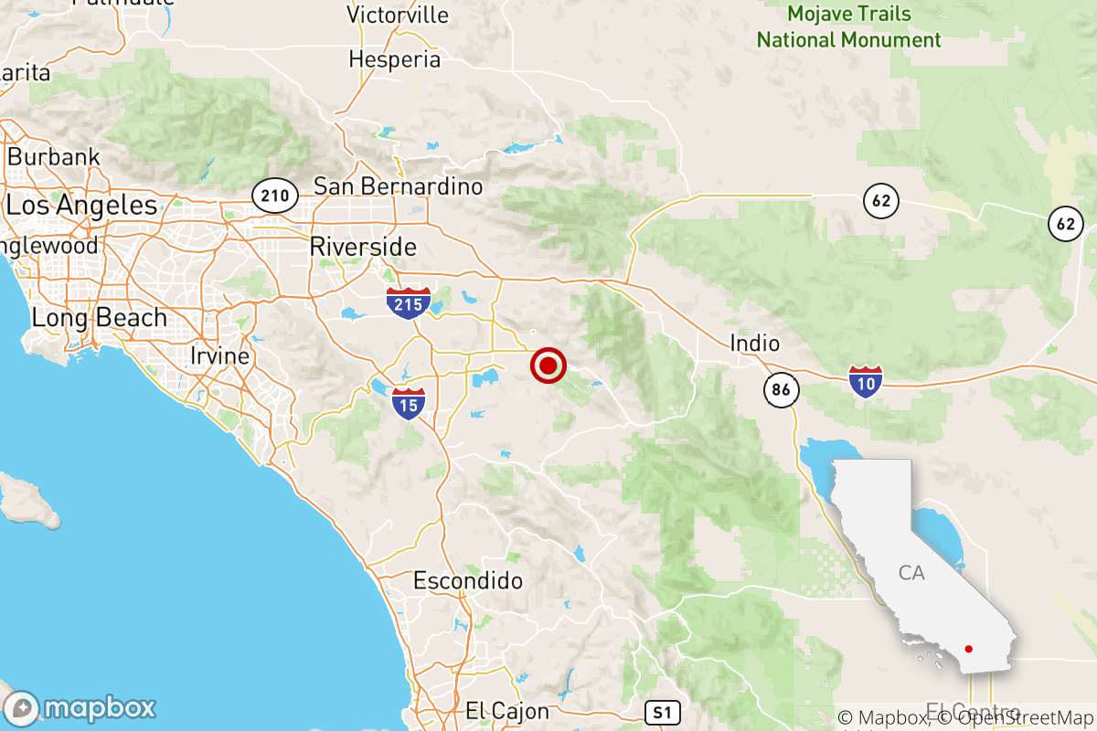 The location and shaking intensity of a magnitude 3.2 earthquake Friday evening a mile from Valle Vista, Calif.