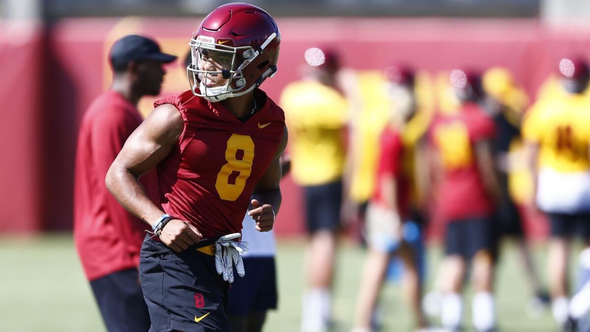 USC receiver Amon-Ra St. Brown, shown on Aug. 3, earned the praise of coach Clay Helton following Saturday's scrimmage.
