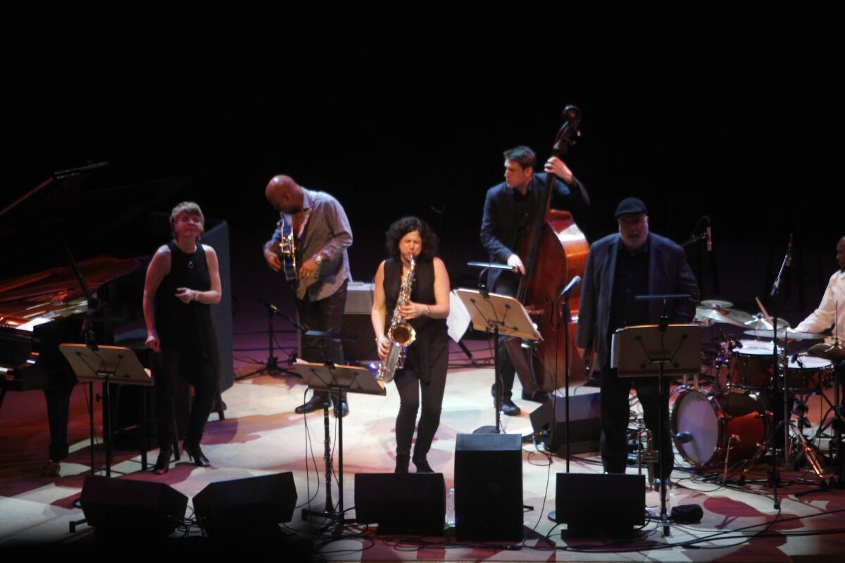 The ensemble for the Newport Jazz Festival: Now 60 tour -- from left, Karrin Allyson, Mark Whitfield, Anat Cohen, Ben Allison, Randy Brecker ad Clarence Penn -- performs at Walt Disney Concert Hall on Saturday night.