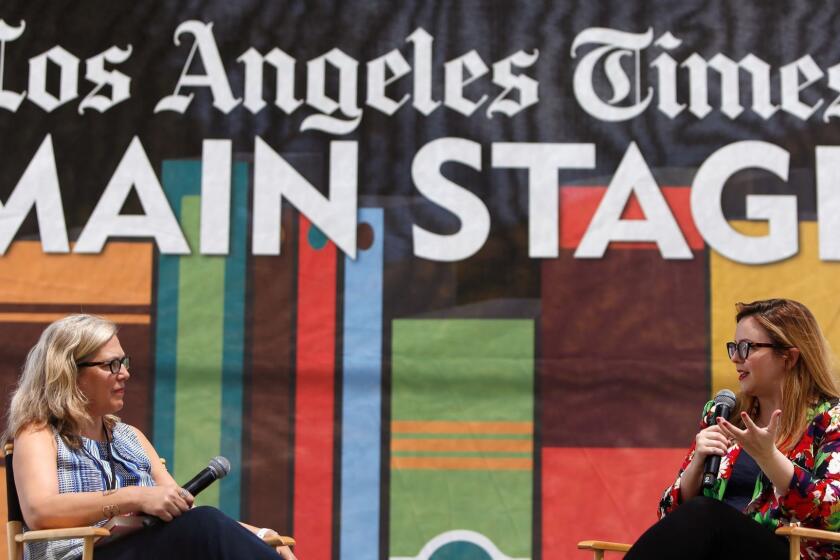 LOS ANGELES, CA-APRIL 14, 2019: Mariel Garza, left, speaks in conversation with Amber Tamblyn, right, author of "Era of Ignition: Coming of Age in a Time of Rage and Revolution," during the annual Los Angeles Times Festival of Books at the University of Southern California on April 14, 2019, in Los Angeles, California. (Photo By Dania Maxwell / Los Angeles Times)