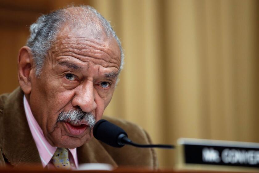 FILE- In this April 4, 2017, file photo, Rep. John Conyers, D-Mich., speaks during a hearing of the House Judiciary subcommittee on Capitol Hill in Washington. Buzzfeed, a news website, is reporting that Conyers settled a complaint in 2015 from a woman who alleged she was fired from his Washington staff because she rejected his sexual advances. Calls to Conyers and his office seeking comment were not immediately returned Monday, Nov. 20. (AP Photo/Alex Brandon, File)