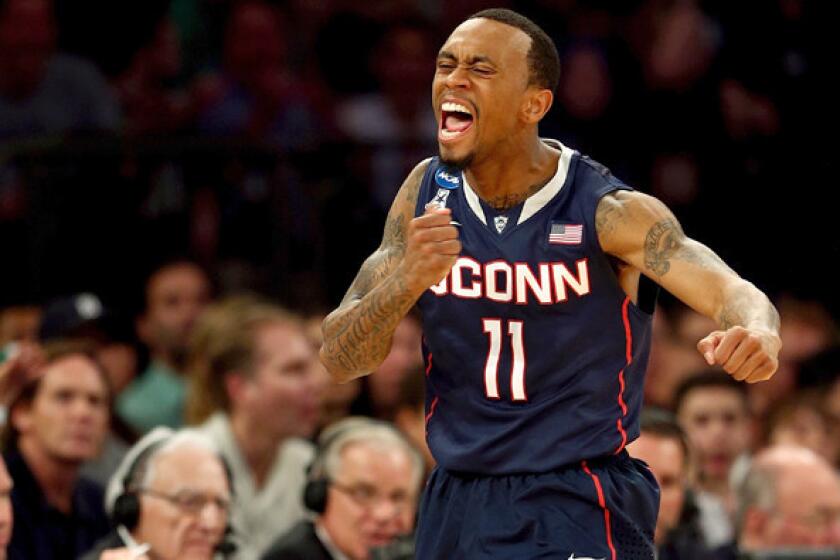 Connecticut guard Ryan Boatright reacts after creating a Michigan State turnover in the second half of the East Regional final on Sunday in New York.