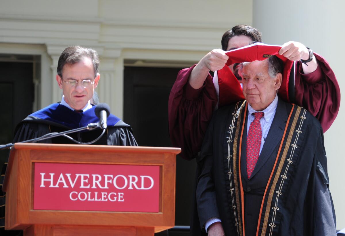 William Bowen, former president of Princeton University, is conferred an honorary degree by Haverford College President Daniel Weiss before delivering commencement speeches to the 2014 graduates of Haverford College. Bowen blasted college students for protesting another speaker who then decided to withdraw.