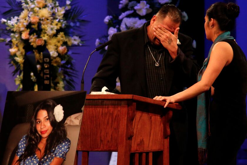 Reynaldo Gonzalez breaks down while remembering his daughter Nohemi Gonzalez, who was killed in the Paris terror attacks, at her funeral in Downey on Dec. 4, 2015. Gonzalez is suing several social media sites, alleging they allowed the spread of extremist propaganda.