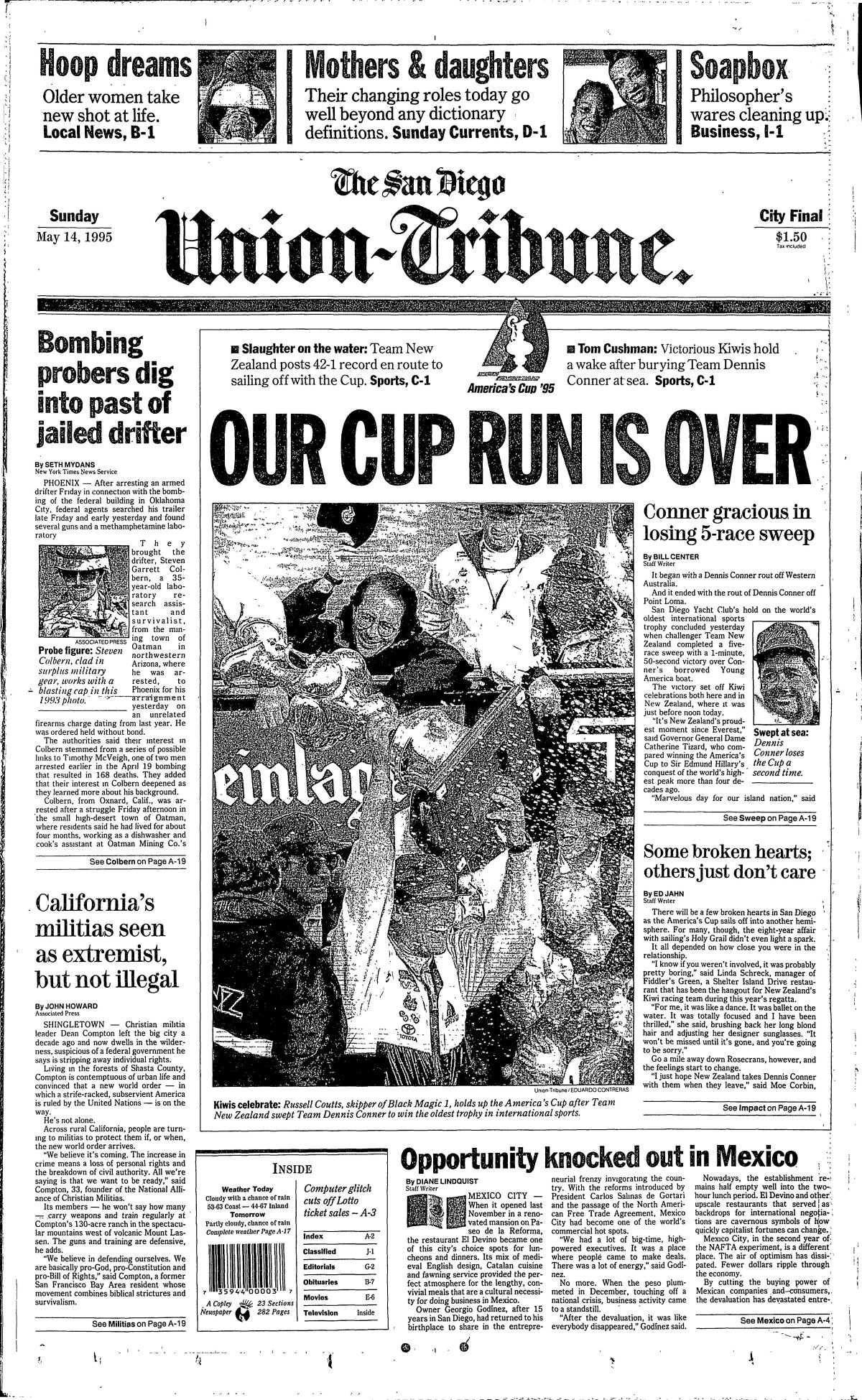 "Our Cup Run is Over," front page of The San Diego Union-Tribune from Sunday, May 14, 1995.