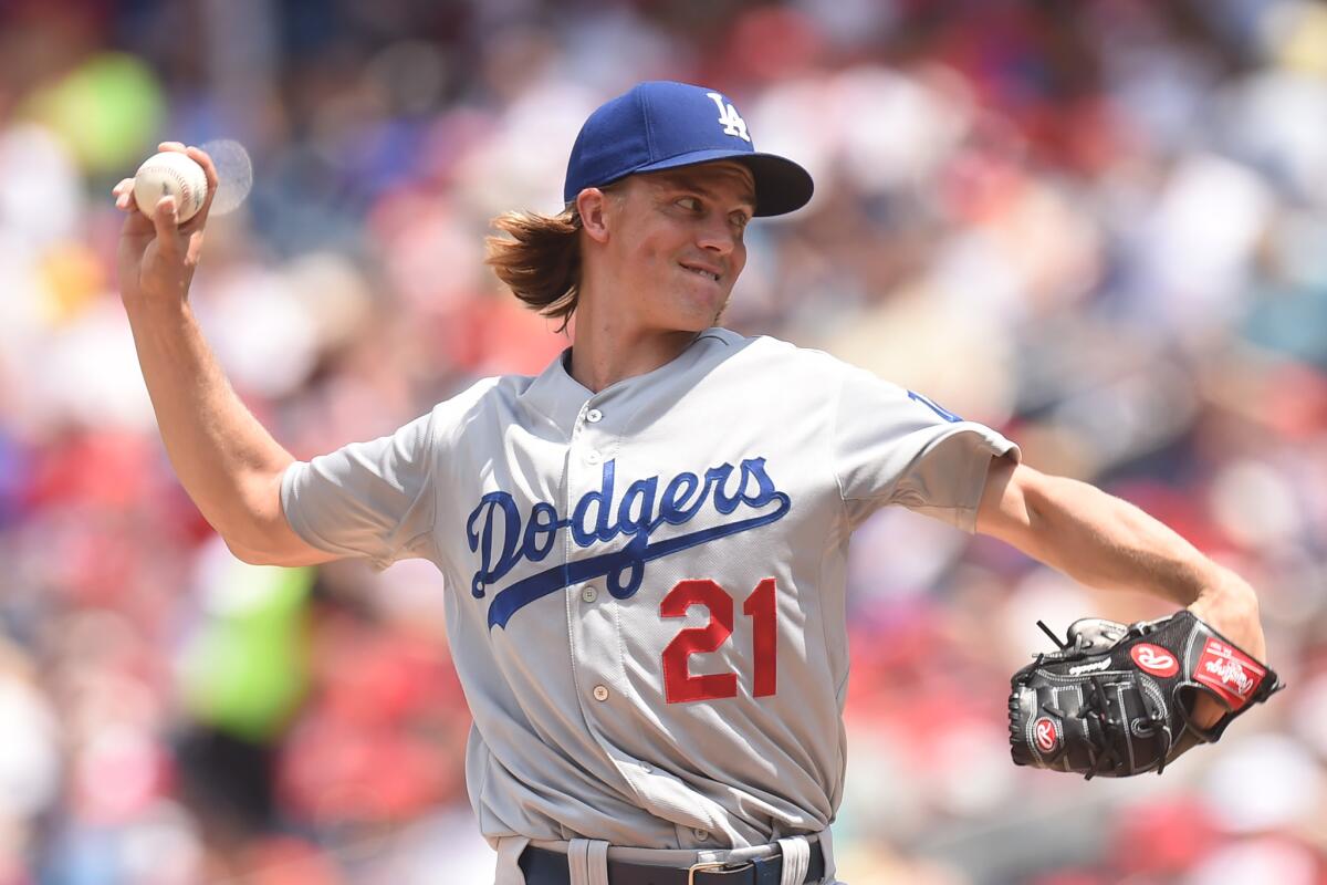 Dodgers starting pitcher Zack Greinke delivers a pitch against the Nationals on Sunday.