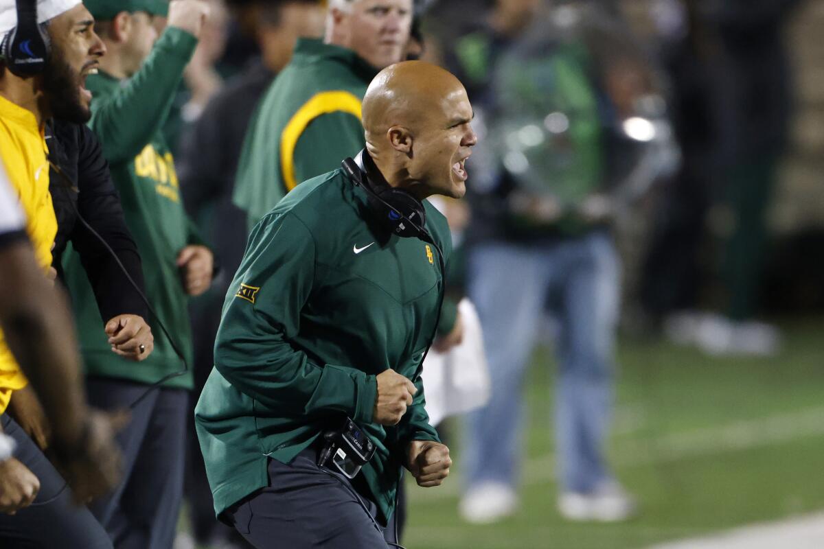 Baylor coach Dave Aranda reacts after an interception during a win over Kansas State on Saturday.