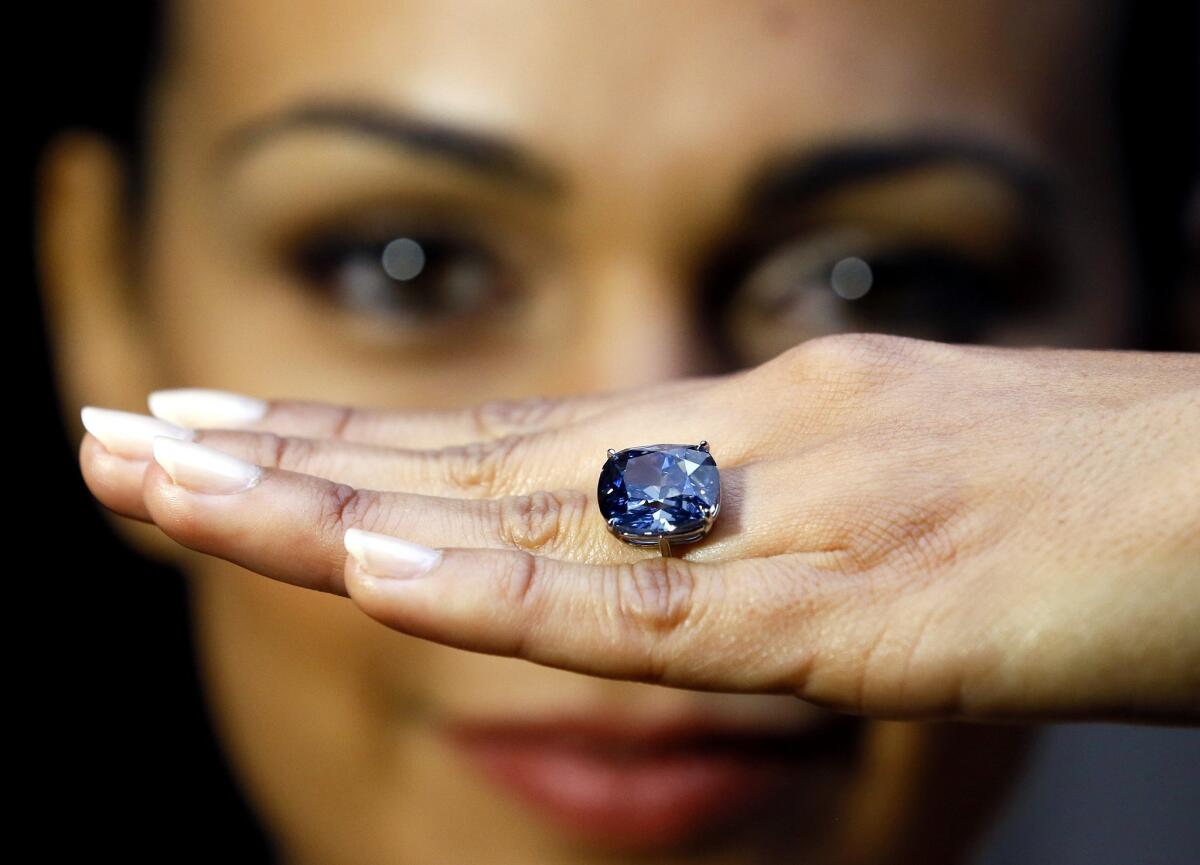 The Blue Moon Diamond is displayed at Sotheby's auction rooms in London on Sept. 17, 2015.