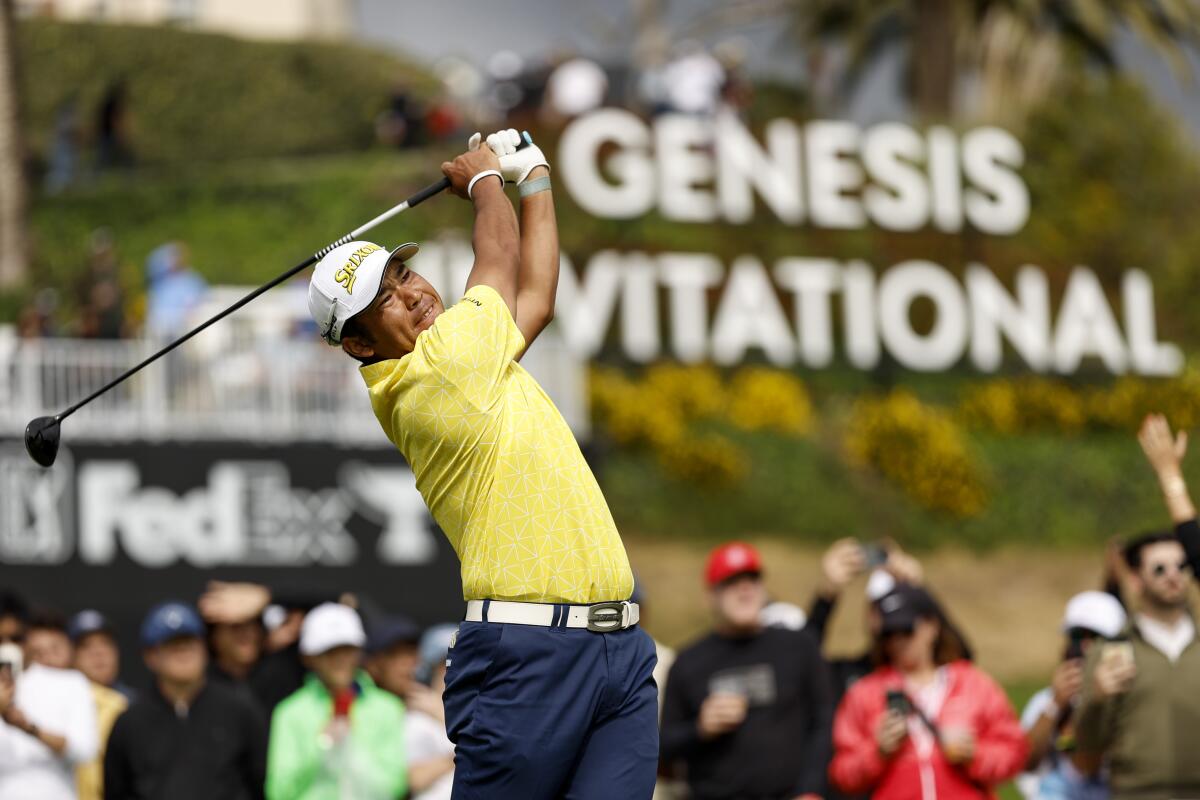Hideki Matsuyama hits from the 10th tee during the final round of the Genesis Invitational at Riviera Country Club.