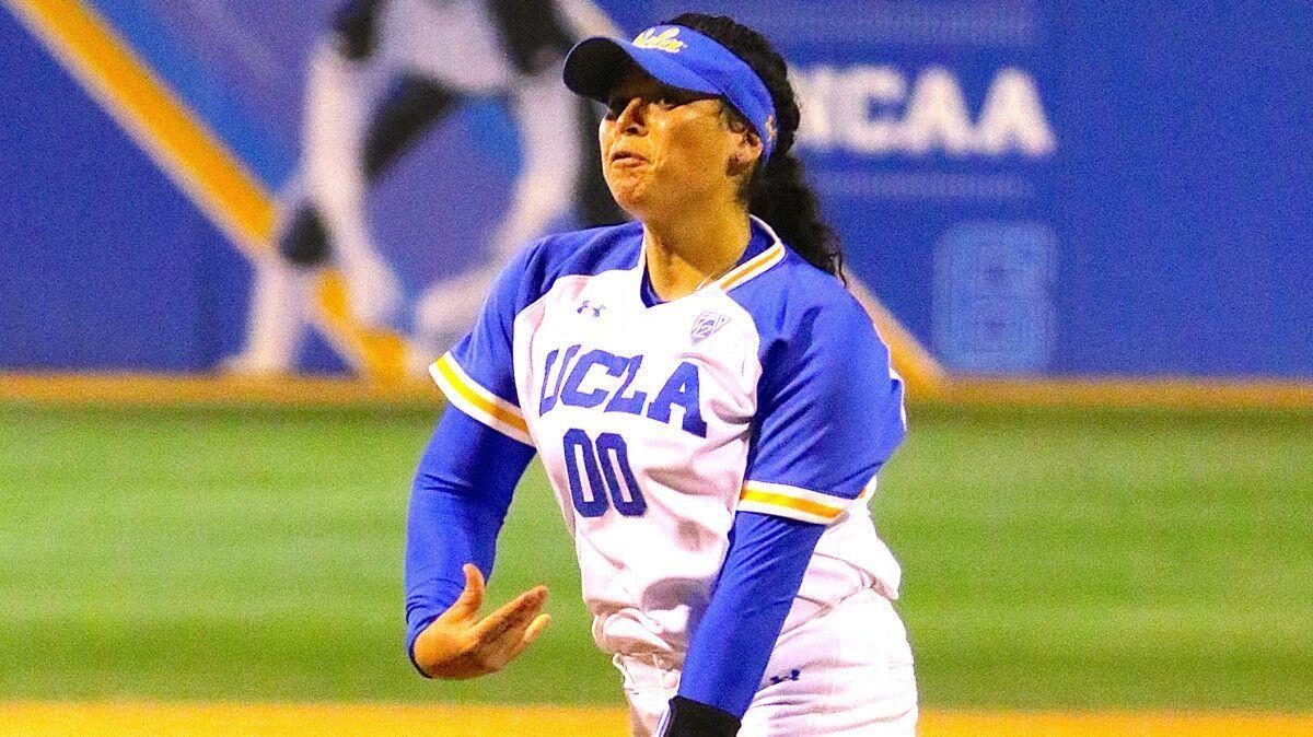 Rachel Garcia pitches during a UCLA softball game.