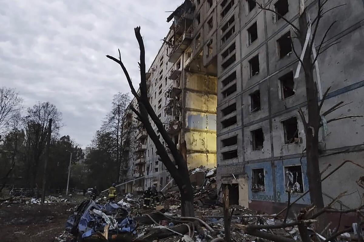 A multistory building is heavily damaged in Zaporizhzhia, Ukraine.