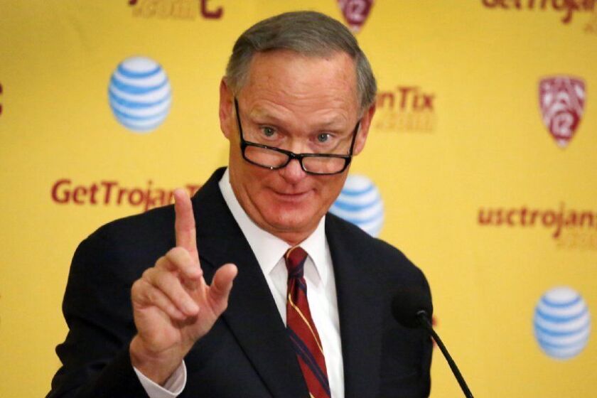 LOS ANGELES, CA OCTOBER 13, 2015 -- USC Athletic Director Pat Haden holds a press conference at USC Tuesday morning, October 13, 2015 after new interim football coach Clay Helton led the team during practice. (Al Seib / Los Angeles Times)