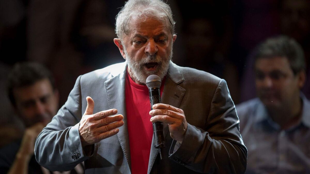 Former President Luiz Inacio Lula da Silva speaks during a rally Monday in Rio de Janeiro.