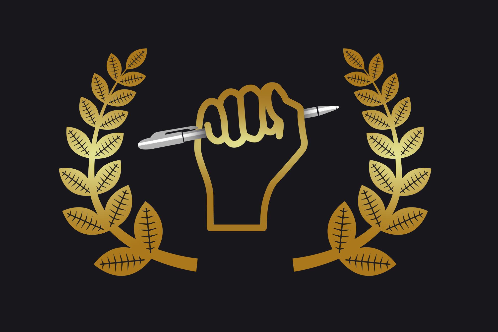 An illustration of a fist holding up a pencil surrounded by laurels