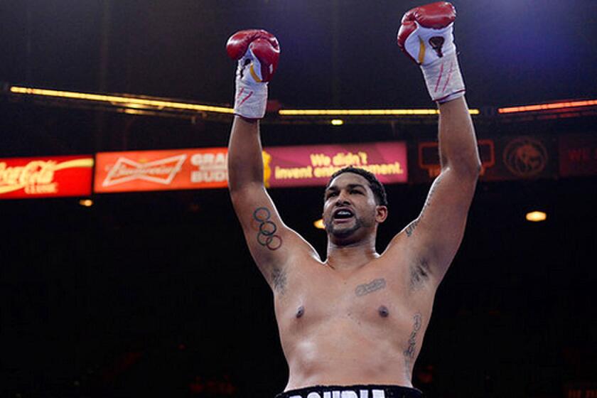 Dominic Breazeale celebrates after defeating Victor Bisbal on March 7 in Las Vegas.