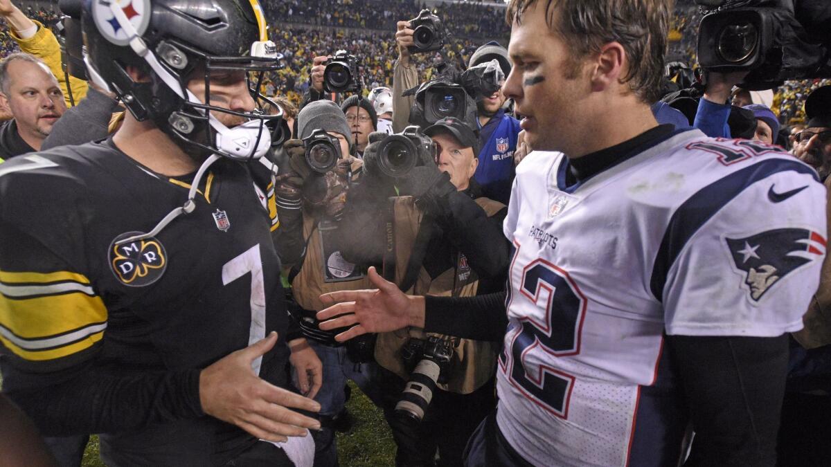In this Dec. 17, 2017, file photo, Pittsburgh Steelers quarterback Ben Roethlisberger (7) and New England Patriots quarterback Tom Brady (12) meet on the field following a game in Pittsburgh. New England plays at Pittsburgh this week.