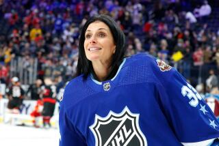 LAS VEGAS, NV - FEBRUARY 04: Manon Rheaume, the first woman to play goalie in an NHL game, looks on during the NHL All-Star Skills Competition Presented by DraftKings Sportsbook as part of the Honda NHL All-Star Weekend on February 4, 2022 at T-Mobile Arena in Las Vegas, Nevada. (Photo by Jeff Speer/Icon Sportswire via Getty Images)