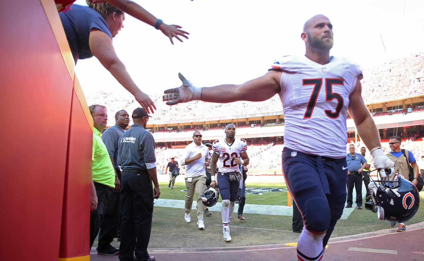 Kyle Long head to the locker room after the 18-17 win over the Chiefs at Arrowhead Stadium.