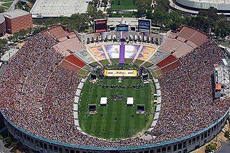 An above view shows a packed Los Angeles Memorial Coliseum during the Lakers victory rally.