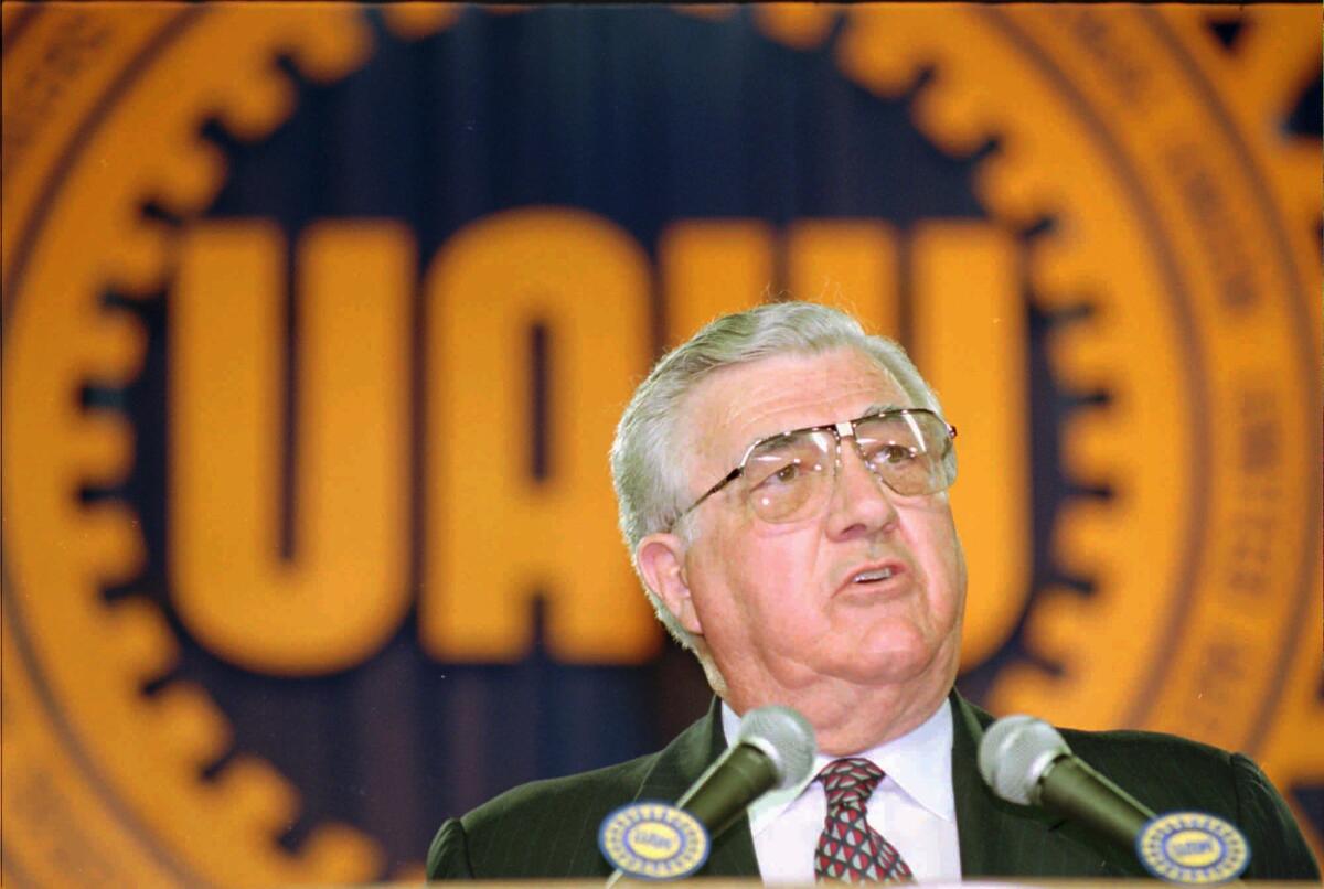 United Auto Workers President Owen Bieber addresses UAW convention delegates in Detroit in 1993.
