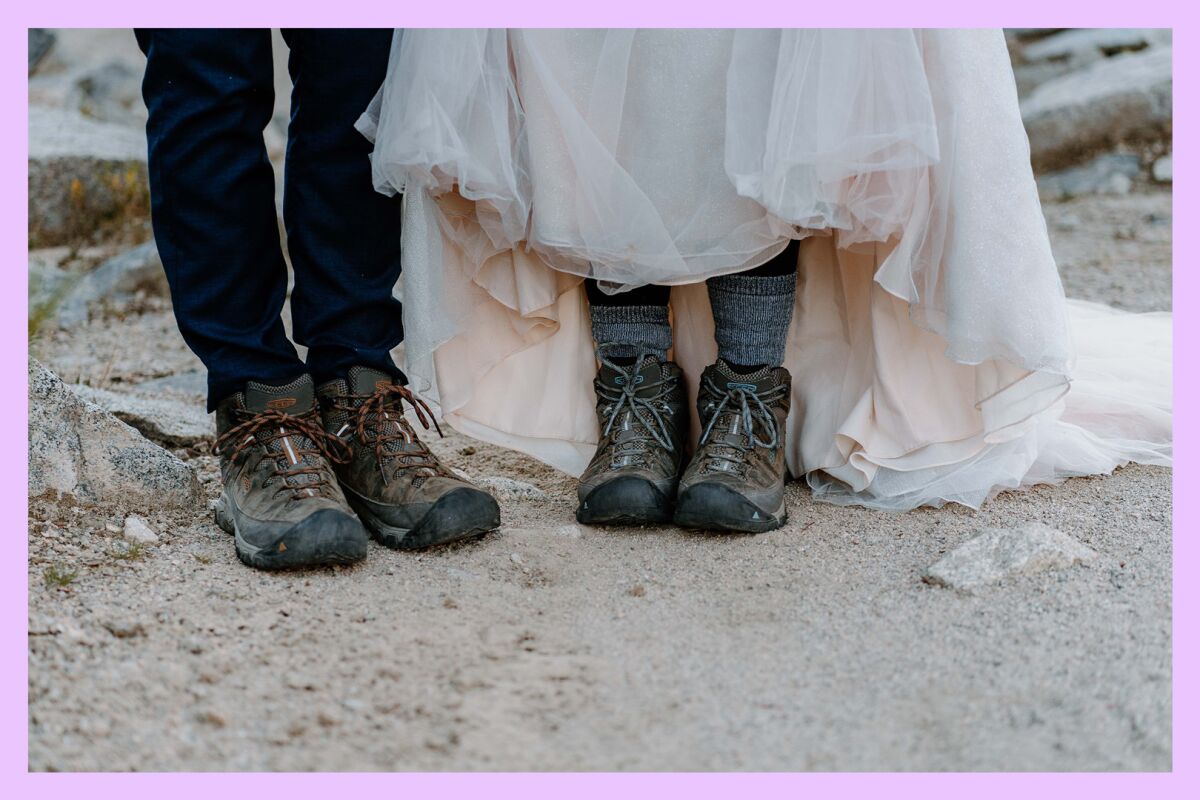 Camille and Robert's matching Keen boots underneath their formalwear