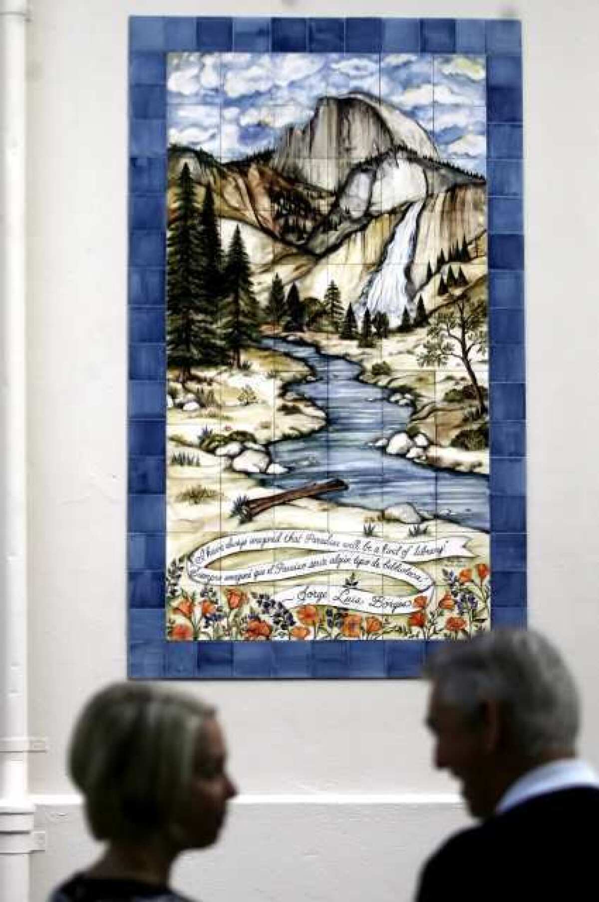 The John Muir Elementary School Literacy Garden includes a tile mural depicting Yosemite Valley and a quote by Argentine writer Jorge Luis Borges at the Glendale school. The area used to be a small unused space outside the library.