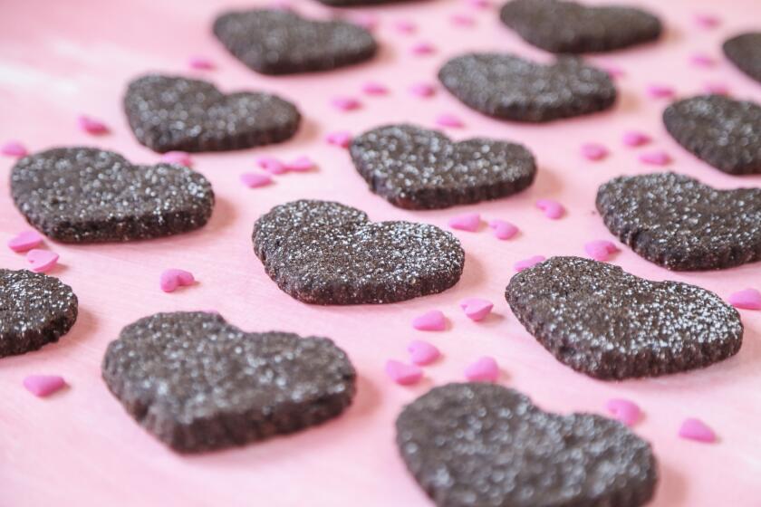 Chocolate-Chocolate-Chip Shortbread Hearts baked and styled by Jill O'Connor at her home on January 29, 2020 in Coronado, California.