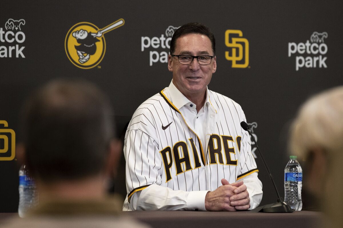 New San Diego Padres baseball team manager Bob Melvin speaks during an introductory press conference Monday, Nov. 1, 2021, in San Diego. (AP Photo/Derrick Tuskan)