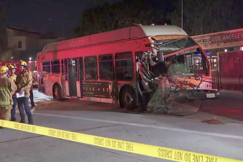 A crash involving a Metro bus left seven people injured in Studio City Friday morning, Aug. 23, 2024. The collision was reported around 4:30 a.m. in the 3900 block of Lankershim Boulevard near Universal City.