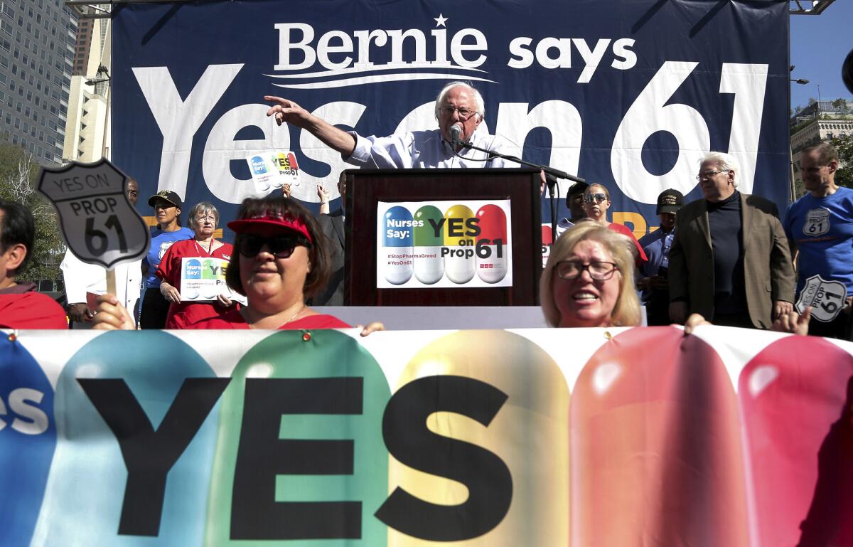U.S, Sen. Bernie Sanders (I-Vt.) campaigns for Proposition 61 in Los Angeles on Nov. 7. The ballot initiative focused on state government costs for prescription drugs. One of 17 statewide propositions, it was rejected by voters.