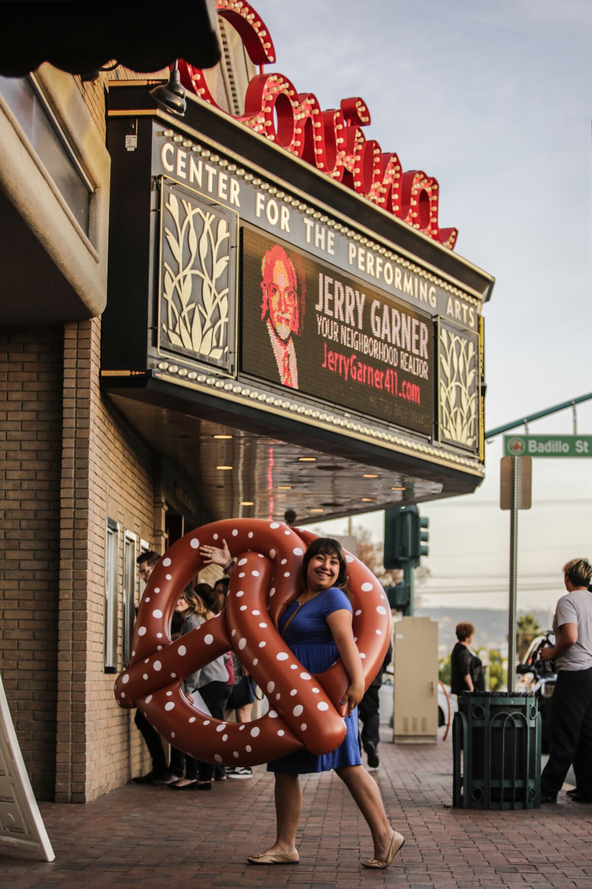 Jennifer Hernandez, 20, came from Torrance with an inflatable pretzel to watch "Crazy Ex-Girlfriend Live" in Covina.